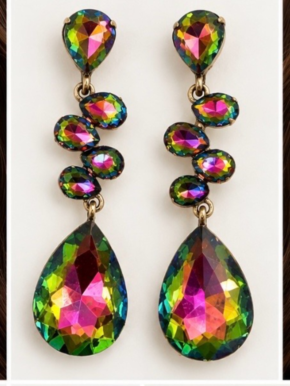 Rainbow Aurora Crystal Teardrop Statement Dangle Earrings Gold Tone